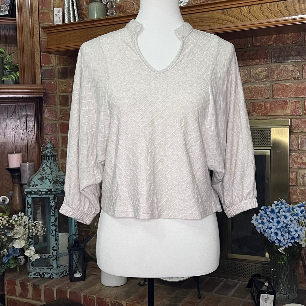 Chenault Womens monochrome Beige Textured BatWing Sleeve Split Neck Top Small‎